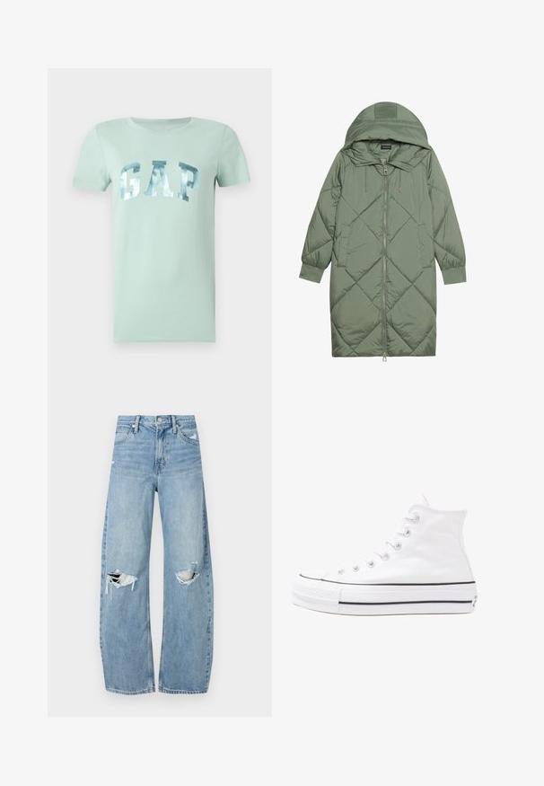 Izšūts garš zaļš pūšļa mētelis ar kapuci, ar priekšējo rāvējslēdzēju un divām sānu kabatām. Visā virsmā ir teksturēta dimanta raksts.; Minta zaļa kokvilnas T-krekls ar sudraba metālisku "GAP" logotipu, īsām piedurknēm un apaļu kakla izgriezumu. Gluda tekstūra un brīvs piegriezums.; Gaiši zili, augstās vidukļa džinsi, kas izgatavoti no denima. Iespējas plašas kājas, divas plēstas ceļa daļas un klasiskā piecu kabatu dizains.; Balti augstie kanvas sporta apavi ar melnu gumijas zoli, priekšējo gumijas purngalu un sešām acīm lencēm, kuriem ir tīrs, minimālistisks dizains.