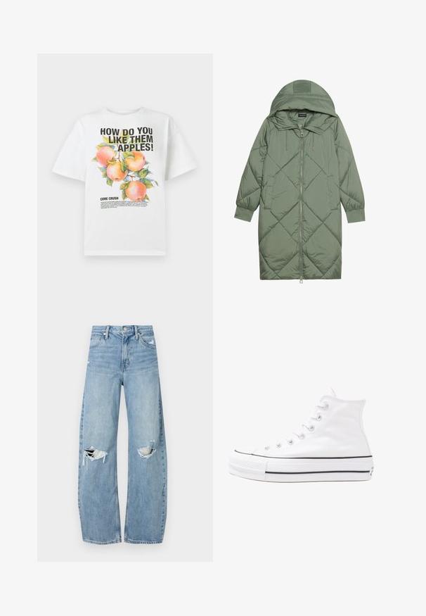 Quiltet lang grønn pufferjakke med hette, med en frontglidelås og to sidelommer. Teksturerte diamantmønster overalt.; Hvit bomull t-skjorte med en fargerik epleillustrasjon og fet tekst som lyder: "HVORDAN LIKER DU DISSE EPLENE!" og "KERNEKNUSE."; Lyseblå høytlivsjeans laget av denim. Har vide bein, to revne knær og klassisk fem-lommers design.; Hvit høy-skinn kanvas sneakers med svart gummisåle, gummitåhette foran og seks hull for snorer, med et rent, minimalistisk design.