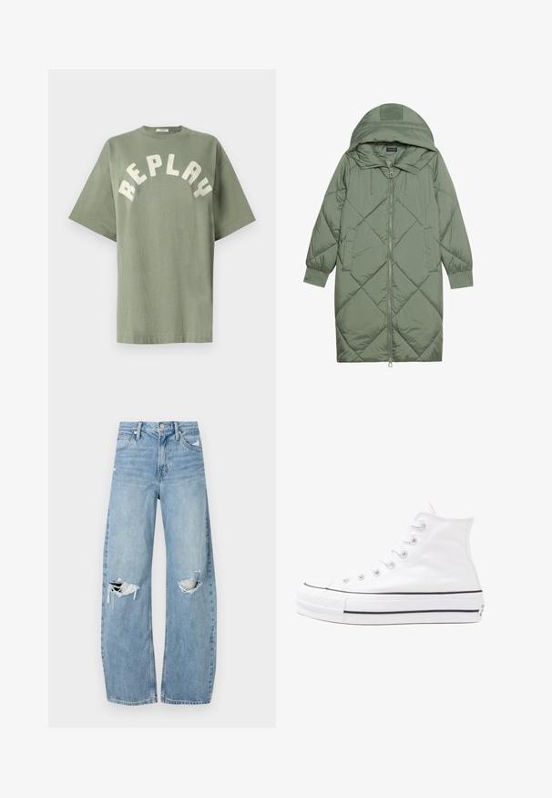 Abrigo acolchado largo verde tipo puffer con capucha, que presenta un cierre frontal con cremallera y dos bolsillos laterales. Patrón de diamantes texturizado en toda su superficie.; Camiseta de algodón verde con un corte relajado, que presenta un escote redondeado y la palabra "REPLAY" en grandes letras de bloque en color blanco roto en el pecho.; Vaqueros de mezclilla de tiro alto en azul claro. Tienen piernas anchas, dos áreas desgastadas en las rodillas y un estilo clásico de cinco bolsillos.; Zapatilla de lona alta blanca con suela de goma negra, puntera de goma frontal y seis ojetes para los cordones, que presenta un diseño limpio y minimalista.