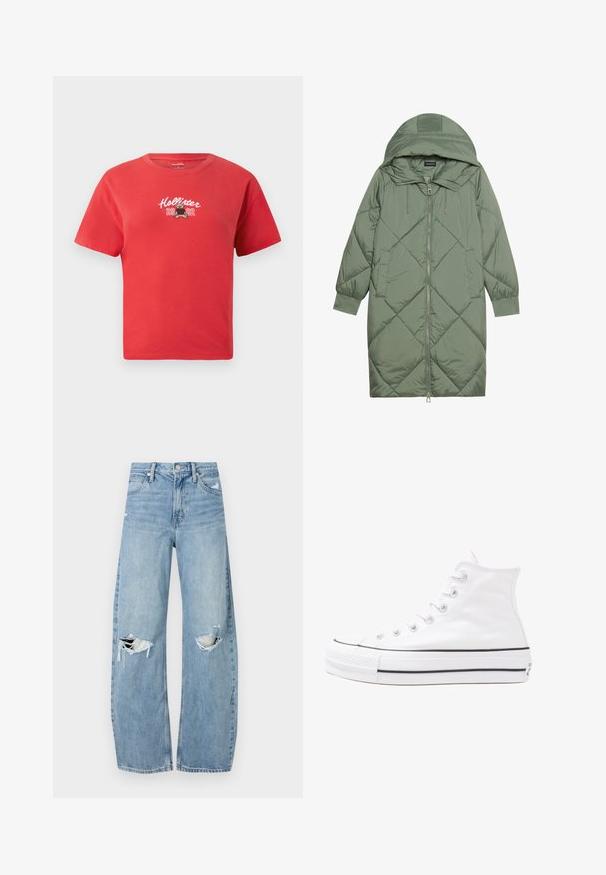 Quiltuotas ilgas žalias pūkinis paltas su kapuce, turintis priekinį užtrauktuką ir dvi šonines kišenes. Visame paviršiuje yra tekstūrinis rombų raštas.; Raudona medvilninė marškinė su apvaliu kaklu, su balta siuvinėta "Hollister" užrašu ir lokio grafika, taip pat "2002" žemiau.; Šviesiai mėlynos, aukštu juosmeniu džinsai pagaminti iš džinsinio audinio. Turi plačias kojų kelnes, dvi suplėšytas kelio vietas ir klasikinį penkių kišenių dizainą.; Balti aukštakulniai drobės sportbačiai su juodu guminio pado, priekinio guminio piršto dangteliu ir šešiais akytėmis raištams, pasižymintys švariu, minimalistiniu dizainu.