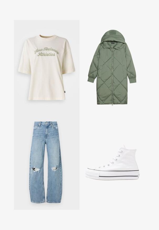 Quilted long green puffer coat with a hood, featuring a front zipper closure and two side pockets. Textured diamond pattern throughout.; Cream-colored cotton t-shirt with short sleeves, featuring a curved green text graphic that reads "New Balance Athletics."; Light blue, high-waisted jeans made of denim. Feature wide legs, two torn knee areas, and classic five-pocket styling.; White high-top canvas sneaker with black rubber sole, front rubber toe cap, and six eyelets for laces, featuring a clean, minimalist design.