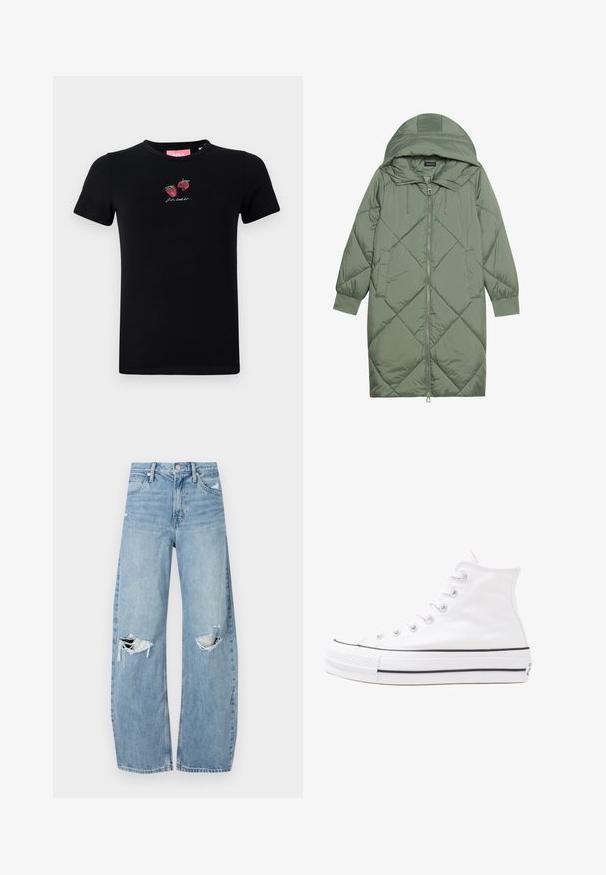 Abrigo acolchado largo verde tipo puffer con capucha, que presenta un cierre frontal con cremallera y dos bolsillos laterales. Patrón de diamantes texturizado en toda su superficie.; Camiseta de algodón negra con mangas cortas, cuello redondo y fresas bordadas con el texto "Vamos a relajarnos" en blanco.; Vaqueros de mezclilla de tiro alto en azul claro. Tienen piernas anchas, dos áreas desgastadas en las rodillas y un estilo clásico de cinco bolsillos.; Zapatilla de lona alta blanca con suela de goma negra, puntera de goma frontal y seis ojetes para los cordones, que presenta un diseño limpio y minimalista.