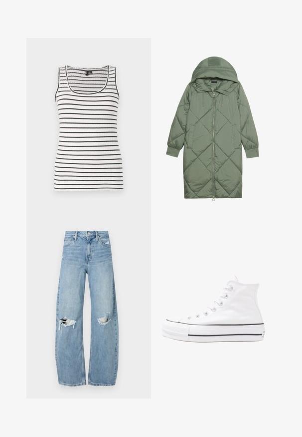 Pistetud pikk roheline puffermantel kapuutsiga, esiküljel tõmblukuga ja kahe küljetaskuga. Kogu pinnal on struktureeritud rombikujundus.; Ribidega snaider mustade ja valgete horisontaalsete triipudega. Omab ümmargust kaelust ja õhukesi rihmasid. Pehme ja veniv kangas.; Heledad hallideega sinised teksad, millel on kõrge talje. Teksade jalgadel on lai alus, kaks rebitud kohta põlvede ümber ning klassikaline viie tasku stiil.; Valge kõrgem kangast tenniseking, millel on must kummist tald, ees kummist varvasetugi ja kuus aukku paelte jaoks, pakkudes puhta ja minimalistliku disaini.