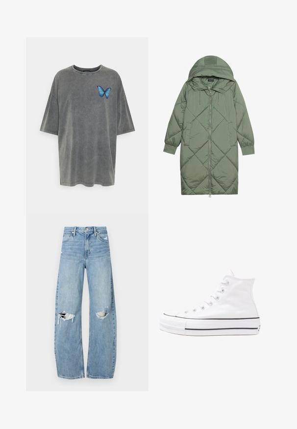 Izšūts garš zaļš pūšļa mētelis ar kapuci, ar priekšējo rāvējslēdzēju un divām sānu kabatām. Visā virsmā ir teksturēta dimanta raksts.; Pelēks, pārāk liels kokvilnas t-krekls ar īsām piedurknēm. Uz kreisā krūts ir zila tauriņa apdruka. Mīksta, izbalējusi tekstūra.; Gaiši zili, augstās vidukļa džinsi, kas izgatavoti no denima. Iespējas plašas kājas, divas plēstas ceļa daļas un klasiskā piecu kabatu dizains.; Balti augstie kanvas sporta apavi ar melnu gumijas zoli, priekšējo gumijas purngalu un sešām acīm lencēm, kuriem ir tīrs, minimālistisks dizains.