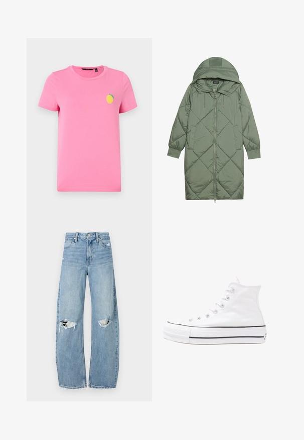 Pistetud pikk roheline puffermantel kapuutsiga, esiküljel tõmblukuga ja kahe küljetaskuga. Kogu pinnal on struktureeritud rombikujundus.; Roosa puuvillane T-särk ümmarguse kaeluse ja lühikeste varrukatega. Vasakul rinnapoolt on väike kollane sidruni graafika.; Heledad hallideega sinised teksad, millel on kõrge talje. Teksade jalgadel on lai alus, kaks rebitud kohta põlvede ümber ning klassikaline viie tasku stiil.; Valge kõrgem kangast tenniseking, millel on must kummist tald, ees kummist varvasetugi ja kuus aukku paelte jaoks, pakkudes puhta ja minimalistliku disaini.