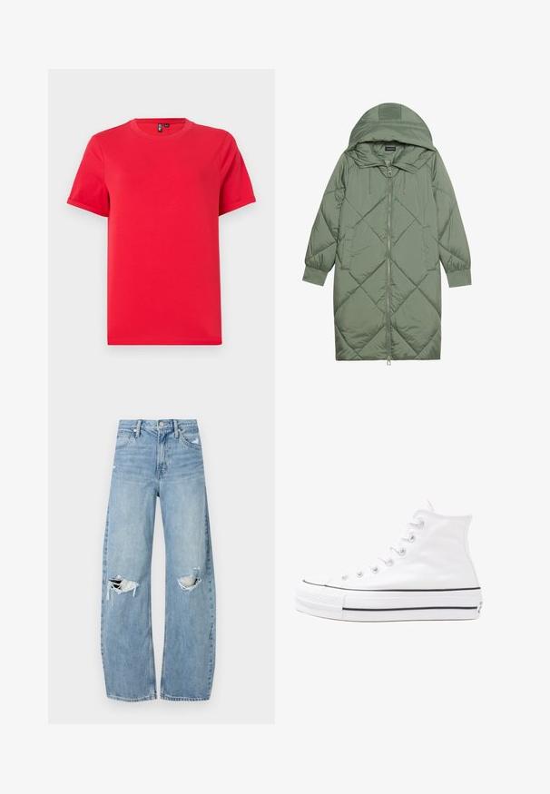 Cappotto lungo imbottito verde con un cappuccio, caratterizzato da una chiusura frontale a zip e due tasche laterali. Motivo a rombi testurizzati su tutta la superficie.; T-shirt in cotone rosso con scollo rotondo classico, maniche corte e una texture liscia. Presenta un design semplice, senza fantasie o accenti.; Jeans azzurri chiari a vita alta realizzati in denim. Presentano gambe larghe, due aree strappate sulle ginocchia e il classico styling a cinque tasche.; Sneaker alta in tela bianca con suola in gomma nera, punta in gomma frontale e sei asole per i lacci, caratterizzata da un design pulito e minimalista.