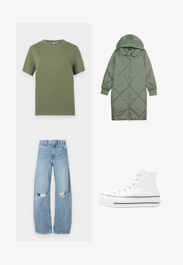 Izšūts garš zaļš pūšļa mētelis ar kapuci, ar priekšējo rāvējslēdzēju un divām sānu kabatām. Visā virsmā ir teksturēta dimanta raksts.; Olive zaļas krāsas kokvilnas t-krekls ar īsām piedurknēm, apaļu kakla izgriezumu un gludu tekstūru. Vienkāršs dizains, nav redzamu rakstu vai apdares detaļu.; Gaiši zili, augstās vidukļa džinsi, kas izgatavoti no denima. Iespējas plašas kājas, divas plēstas ceļa daļas un klasiskā piecu kabatu dizains.; Balti augstie kanvas sporta apavi ar melnu gumijas zoli, priekšējo gumijas purngalu un sešām acīm lencēm, kuriem ir tīrs, minimālistisks dizains.