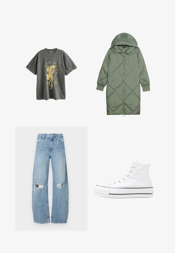 Gequiltede lange groene pufferjas met een capuchon, met een ritssluiting aan de voorkant en twee zijzakken. Gelaagd ruitpatroon overal.; Grijze katoenen T-shirt met een gouden afbeelding van een tijger en de tekst "LINKIN PARK". Korte mouwen en een relaxte pasvorm.; Lichtblauwe, hooggeritste jeans van denim. Beschikken over wijde pijpen, twee gescheurde knievalken en klassieke vijfzakken styling.; Witte high-top canvas sneakers met een zwarte rubberen zool, een rubberen neuskap aan de voorkant en zes gaatjes voor veters, met een schone, minimalistische uitstraling.