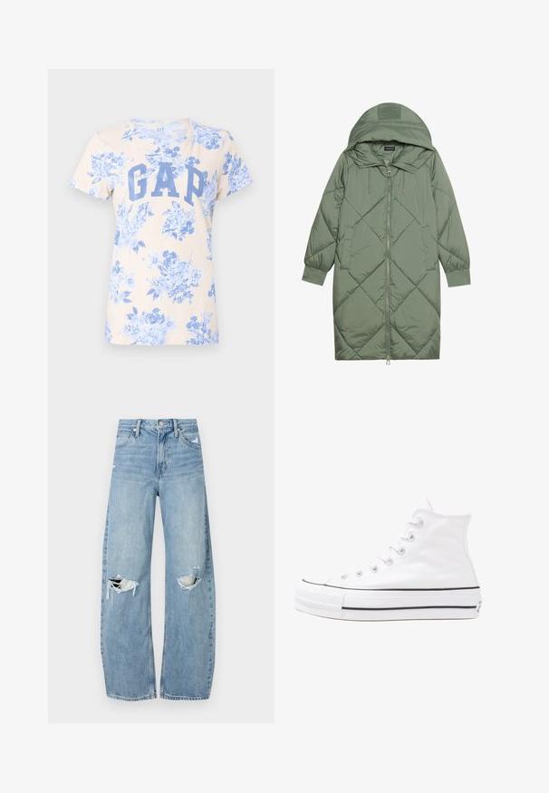 Vihreä vuorattu pitkänmallinen puhvitakki, jossa on huppu, etuvetoketju ja kaksi sivutaskua. Koko takin pinta on teksturoidussa timanttikuviossa.; Vaaleanbeige t-paita, jossa on sininen kukkakuosi ja suuri sininen "GAP" -logo edessä. Lyhyet hihat ja klassinen pyöreä kaula-aukko.; Vaaleansiniset, korkeavyötäröiset farkut, jotka on valmistettu denimmateriaalista. Ominaisuuksiin kuuluvat leveät lahkeet, kaksi revittyä polvialuetta ja klassinen viiden taskun tyyli.; Valkoiset korkeavartiset kangaskengät mustalla kumipohjalla, edessä kuminen varvasosa ja kuusi nauha-aukkoa, puhtaan minimalistisella muotoilulla.