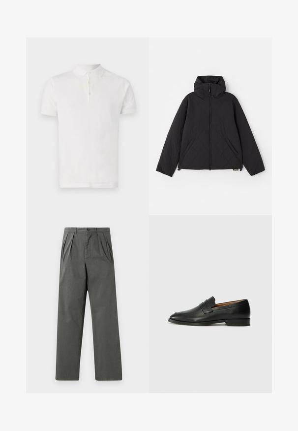 Giacca nera trapuntata con cappuccio, dotata di zip frontale, tasche laterali e una texture liscia. Il design include motivi a onde.; Polo bianca a maniche corte realizzata in cotone, con colletto classico e chiusura a tre bottoni. Texture liscia, vestibilità standard.; Pantaloni leggeri a pieghe in cotone grigio scuro con design a gamba dritta. Presentano una chiusura frontale con bottone e passanti per la cintura.; Mocassino in pelle nera con punta arrotondata, dettagli cuciti sottili e tacco basso, caratterizzato da una texture liscia e un design minimalista.