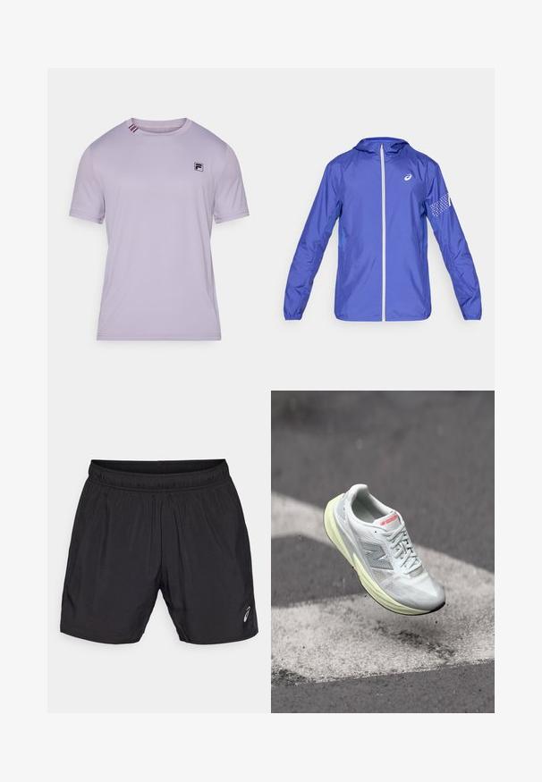 ASICS ICON JACKET - Větrovka - royal; Světlomorflý sportovní tričko vyrobené z hladkého materiálu. Na hrudi má černé logo a na límci kontrastní pruhy. Krátké rukávy.; Černé sportovní šortky vyrobené z lehkého materiálu, s elastickým pasem a malým logem v dolním levém rohu.; Lehká běžecká obuv s bílým síťovým svrškem, žlutou mezipodešví a šedými akcenty. Disponuje výrazným logem ‚N‘ a texturovaným povrchem.
