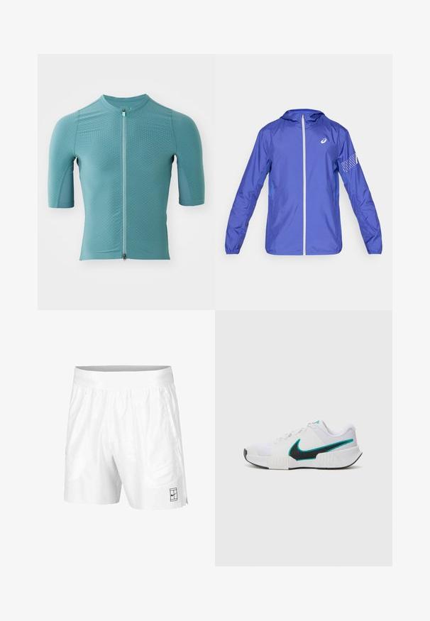ASICS ICON JACKET - Windbreaker - royal; Short-sleeve cycling jersey in textured light blue fabric with a front zipper, featuring a round neckline and fitted design.; White athletic shorts made of lightweight fabric with an elastic waistband, featuring two side pockets and a small black logo on the hem.; White athletic shoe with textured mesh upper, black rubber sole, and teal Nike swoosh accent. Features laces and padded collar.
