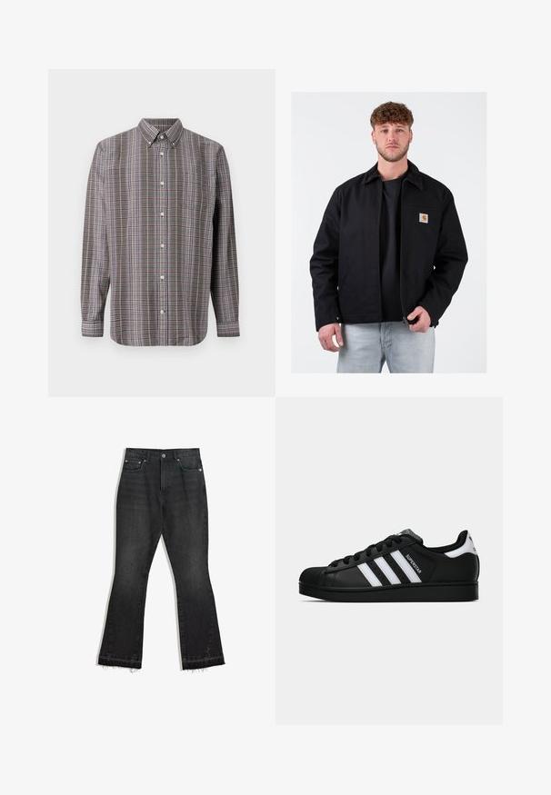 Svart jacka med krage i brunt manchester, framdragkedja, vänster bröstficka och märkeslogotyp. Bärs över en svart t-shirt och ljusblå jeans.; Långärmad skjorta med knapp med brunt, vitt, blått och lila rutmönster och en framficka på vit bakgrund.; Svarta denimflared jeans med franskant, femficksdesign och knäppning. Slät textur, medelvikts tyg.; Svart Adidas Superstar sneaker med vita ränder, sula i skalform och "Superstar" text på sidan, visad i sidoprofil mot vit bakgrund.