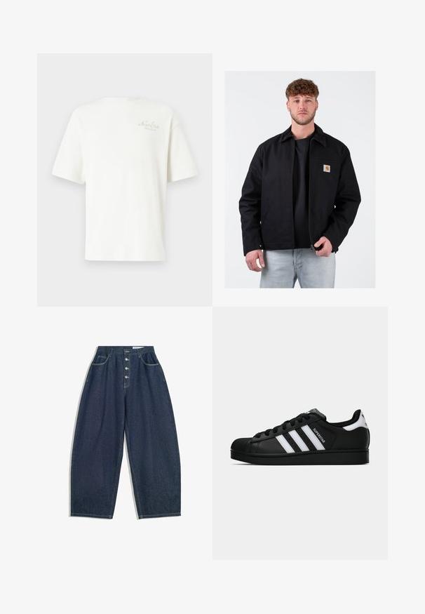 Fekete dzseki barna kordbársony gallérral, elülső cipzárral, bal mellzsebbel és márkás logóval. Fekete póló és világoskék farmernadrág felett viselve.; Fehér bordázott póló rövid ujjakkal, baloldalon, a mellkas területén egy kis, világosbarna hímezett logóval díszítve. Puha tapintás és laza szabás jellemzi.; Sötétkék farmer széles lábú nadrág magas derekú fazonnal, öt gombos záródással és öt zsebbel. Az illesztések mentén varrási díszítések találhatók.; Fekete Adidas Superstar sportcipő fehér csíkokkal, kagyló orral és "Superstar" felirattal az oldalán, oldalról bemutatva, fehér háttér előtt.