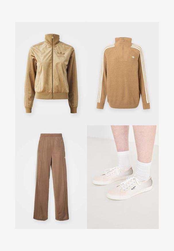 Veste zippée en velours beige avec un col haut. Comprend des poignets et un ourlet côtelés, des poches latérales et un logo brodé sur la poitrine.; Pull en maille marron à col montant et demi-zip, avec trois bandes blanches le long des manches et un petit logo sur la poitrine.; Pantalons de sport marron en tissu doux, dotés d'une taille élastique, de poches latérales et d'accents de logo blancs sur la hanche gauche.; Baskets en toile de couleur claire avec des lacets blancs, présentant des accents roses et beiges, une semelle en caoutchouc blanche et un logo sur le côté.