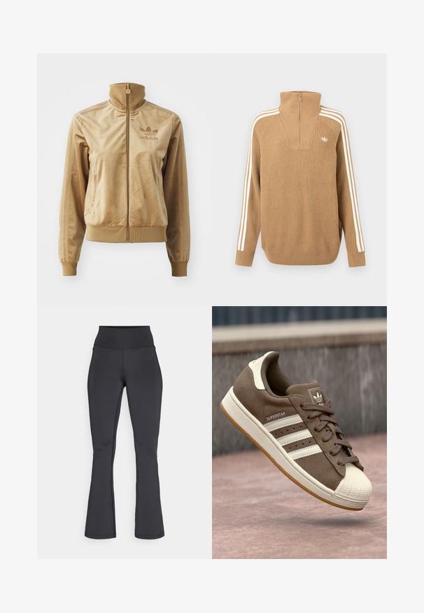 Tan velour zip-up jacket with a high collar. Features ribbed cuffs and hem, side pockets, and embroidered logo on the chest.; Brown ribbed sweater with a high collar and a half-zip, featuring three white stripes along the sleeves and a small logo on the chest.; Black high-waist flare leggings with visible stitching, made from stretchy, smooth fabric, shown flat against a white background.; Brown suede sneaker with white stripes, cream accents, and a rubber shell toe. Features lace-up design and textured gum sole.