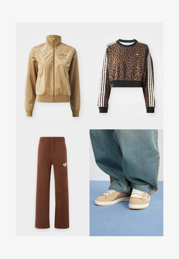 Tan velour zip-up jakke med høy krage. Den har ribbestrikkede mansjetter og kant, sidelommer og brodert logo på brystet.; Løvenesprinklet kort sweatshirt med lange ermer, svart ribbestrikket kant og tre hvite striper langs hver erme. Har en liten logo på brystet.; Brune joggebukser i mykt stoff med avslappet passform, med elastisk liv og snøring, samt en hvit logo på venstre lår.; Beige sneakers laget av semsket skinn og tekstilmaterialer, med hvite lisser, lysebrune detaljer og en teksturert såle. Bært sammen med løse blå denimbukser.