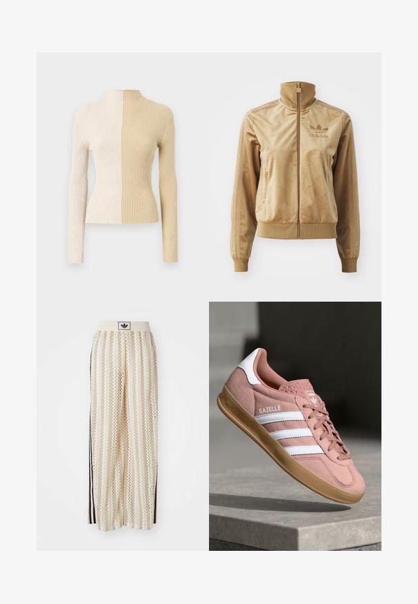 Veste zippée en velours beige avec un col haut. Comprend des poignets et un ourlet côtelés, des poches latérales et un logo brodé sur la poitrine.; Pull à col roulé côtelé avec des manches longues, présentant un design bicolore en crème et beige, mettant en valeur des textures et des couleurs contrastées.; Pantalons larges crème avec un motif en zigzag, dotés d'une ceinture logo noire et de bandes noires sur les côtés. Tissu léger et texturé.; Baskets en suede rose avec des rayures blanches, semelle en caoutchouc, supérieur texturé et logo sur la languette. Design classique basse.