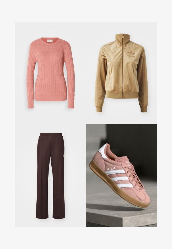 Šviesiai ruda velūrinė striukė su užtrauktuku ir aukštu apykakle. Savybės: pūstos rankovės ir apatinis kraštas, šoninės kišenės bei siuvinėtas logotipas ant krūtinės.; Švelnus rožinis megztinis su kabelių raštu, turintis apvalų iškirpimą ir ilgomis rankovėmis. Tekstūruotas raštas suteikia gylio. Subtilus prekės ženklas krūtinėje.; Rudos sportiniai keliai su elastinga juosta, dviem šoninėmis kišenėmis ir maža logo kairėje pusėje, pagaminti iš minkštos medžiagos.; Rožiniai zomšiniai sportbačiai su baltais dryžiais, guminėmis apatine dalimi, tekstūruotu viršumi ir logotipu ant liežuvėlio. Klasikinis žemas dizainas.