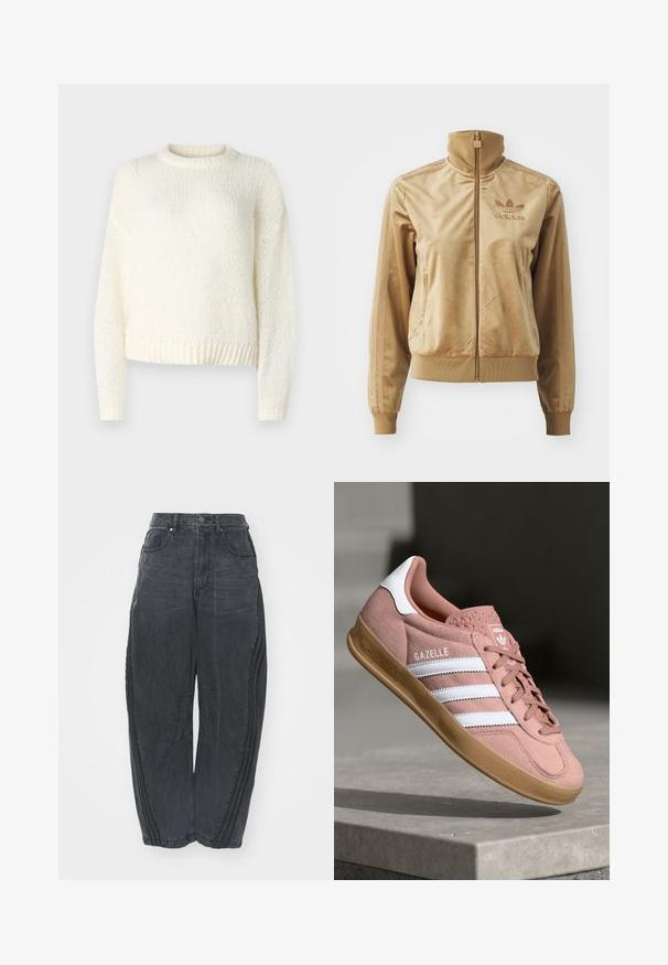 Tan velour zip-up jacket with a high collar. Features ribbed cuffs and hem, side pockets, and embroidered logo on the chest.; Lightweight, knitted cream sweater with long sleeves, a round neckline, and ribbed hem. Textured fabric with a loose, relaxed fit.; Baggy black denim jeans with a faded finish, five pockets, a waist button closure, and stitched detailing on the front and sides.; Pink suede sneaker with white stripes, rubber gum sole, textured upper, and logo on tongue. Classic low-top design.