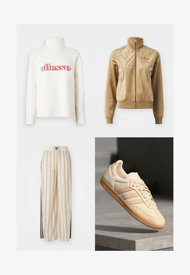 Jachetă crem din velur, cu fermoar, având un guler înalt. Dispune de manșete și tiv cu un model ribatat, buzunare laterale și un logo brodat pe piept.; Pulover alb din tricot, cu guler înalt și crem, având un logo "ellesse" brodat în roșu pe piept. Mâneci lungi cu manșete ribbate.; Pantaloni largi de culoare crem, cu un model în zigzag, având un brâu cu logo negru și dungi laterale negre. Material ușor, texturat.; Sneaker din suède bej deschis, cu talpă din cauciuc, trei dungi diagonale și o capacă texturată pentru degete. Prezintă logo pe limbă și pe lateral.