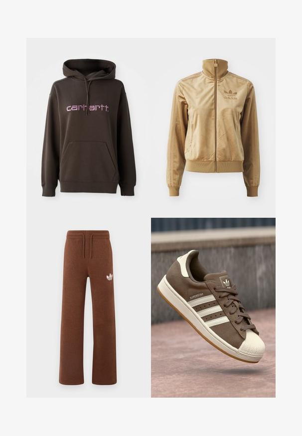 Tan velours zip-up jack met een hoge kraag. Bevat ribgebreide boorden en zoom, zijzakken en een geborduurd logo op de borst.; Bruine hoodie met een buidelzak aan de voorkant, voorzien van roze letters van het merk "carhartt." Gemaakt van een zachte stof met een gemêleerde afwerking.; Bruine sweatpants van zacht materiaal met een relaxte pasvorm, voorzien van een elastische tailleband, koord en een wit logo op de linker dij.; Bruine suède sneakers met witte strepen, crème accenten en een rubberen shellneus. Voorzien van een vetersluiting en een textuur van gumzool.