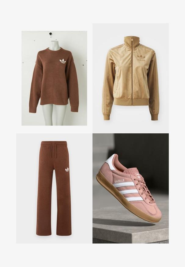 Ταχαλό βελούδινο τζάκετ με κουκούλα ψηλά. Διαθέτει ελαστικά μανίκια και στρίφωμα, πλαινές τσέπες και κεντητό λογότυπο στο στήθος.; Καφέ μακρυμάνικο πλεκτό πουλόβερ με ριμπ μανσέτες και τελείωμα, με μικρό λευκό λογότυπο στο αριστερό στήθος, εμφανιζόμενο σε μακάβριο μανεκέν.; Καφέ φόρμες από μαλακό ύφασμα με χαλαρή εφαρμογή, διαθέτοντας ελαστική μέση, κορδόνι προσαρμογής και λευκό λογότυπο στο αριστερό μηρό.; Ροζ σουέτ αθλητικά παπούτσια με άσπρες ρίγες, καουτσούκ σόλα, υφή στο πάνω μέρος και λογότυπο στη γλώσσα. Κλασικός σχεδιασμός χαμηλού κορμού.