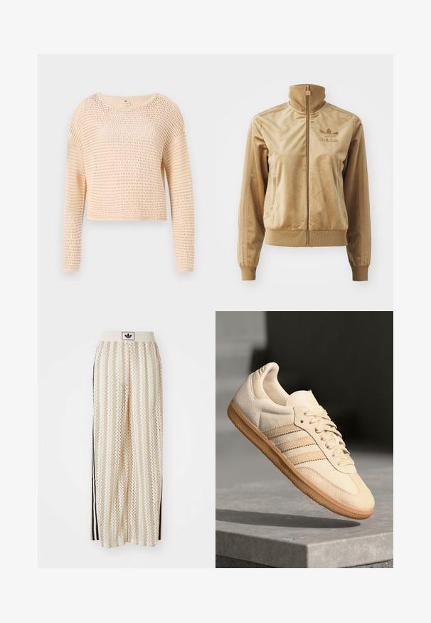 Bež velur jakna na zip z visokim ovratnikom. Ima rebraste manšete in rob, stranske žepe ter izvezeno logo na prsih.; Svetlo bež skrajšan pulover z pletenim mrežastim vzorcem, dolgimi rokavi, okroglim izrezom in rebrastim robom. Mehka, teksturirana tkanina.; Hlače širokega kroja kremne barve z zigzag vzorcem, opremljene z črnim logotipom na pasu in stranskimi črnimi črtami. Lahka, teksturirana tkanina.; Svetlo bež semišni športni copat z gumijastim podplatom, trije poševni trakovi in teksturiran zaščitni del. Vsebuje logotip na ježku in strani.