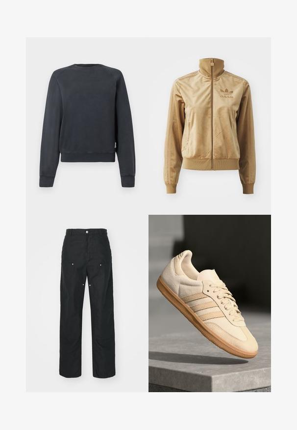 Giacca zip-up in velluto color sabbia con colletto alto. Presenta polsini e orlo a coste, tasche laterali e logo ricamato sul petto.; Felpa grigia scura con scollatura rotonda, maniche raglan e polsini e orlo a costine. Texture liscia senza motivi o dettagli visibili.; Pantaloni neri con design a gamba dritta, realizzati in un tessuto texturizzato. Presentano dettagli decorativi in argento e una cucitura unica.; Sneaker in suede beige chiaro con suola in gomma, tre strisce diagonali e punta con texture. Presenta il logo sulla linguetta e sul lato.