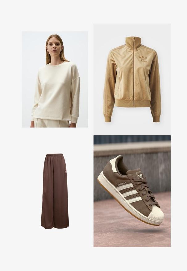 Beżowa, welurowa kurtka z zamkiem, z wysokim kołnierzem. Zawiera ściągacze przy mankietach i u dołu, kieszenie boczne oraz haftowane logo na piersi.; Kremowy sweatshirt, miękka bawełniana tkanina, luźny krój, okrągły dekolt, opuszczone ramiona, rozcięcia po bokach na dole, minimalistyczny design.; adidas Originals - Spodnie treningowe; Brązowe zamszowe sneakersy z białymi paskami, kremowymi akcentami i gumowym noskiem. Posiadają sznurowany dół i teksturowaną gumową podeszwę.
