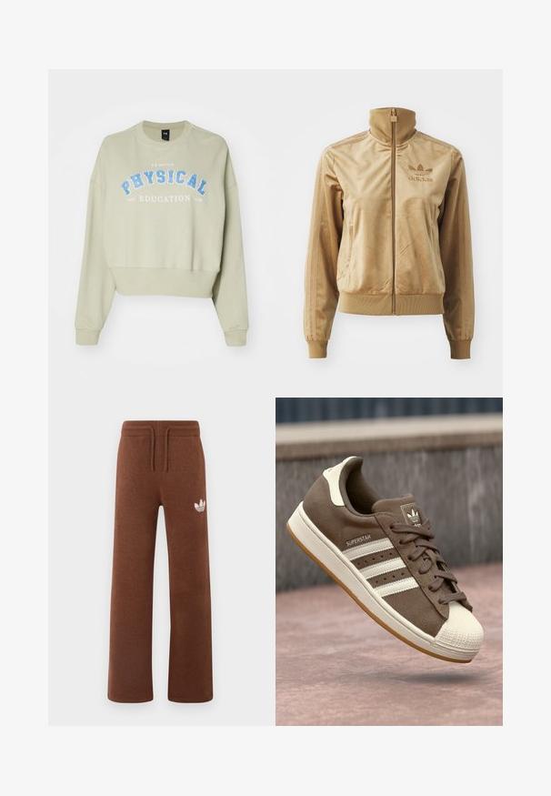 Barna velúr zipzáros dzseki magas gallérral. Bordás mandzsettákkal és aljjal, oldalsó zsebekkel, és hímzett logóval a mellen.; Rövidített pulóver puha, világoszöld pamutból kék "TESTNEVELÉS" felirattal. Bordás mandzsettákkal és kerek nyakkal rendelkezik.; Barna pamut joggingnadrág, laza szabással, rugalmas derékrésszel, húzózsinórral, és fehér logóval a bal combon.; Barna velúr sportcipő fehér csíkokkal, krém színű kiegészítőkkel és gumis orral. Csipkés kialakítással és texturált gumi talppal rendelkezik.