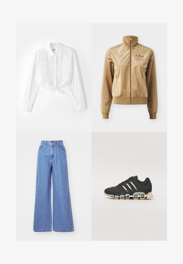 Giacca zip-up in velluto color sabbia con colletto alto. Presenta polsini e orlo a coste, tasche laterali e logo ricamato sul petto.; Camicia bianca cropped con colletto a punta, chiusura frontale con bottoni e dettagli in pizzo testurizzato lungo il centro; orlo annodato in vita.; adidas Originals Jeans a sigaretta - light denim; Scarpa da ginnastica nera con tomaia testurizzata, tre strisce argentate e una suola ammortizzata distintiva con più sezioni integrate.