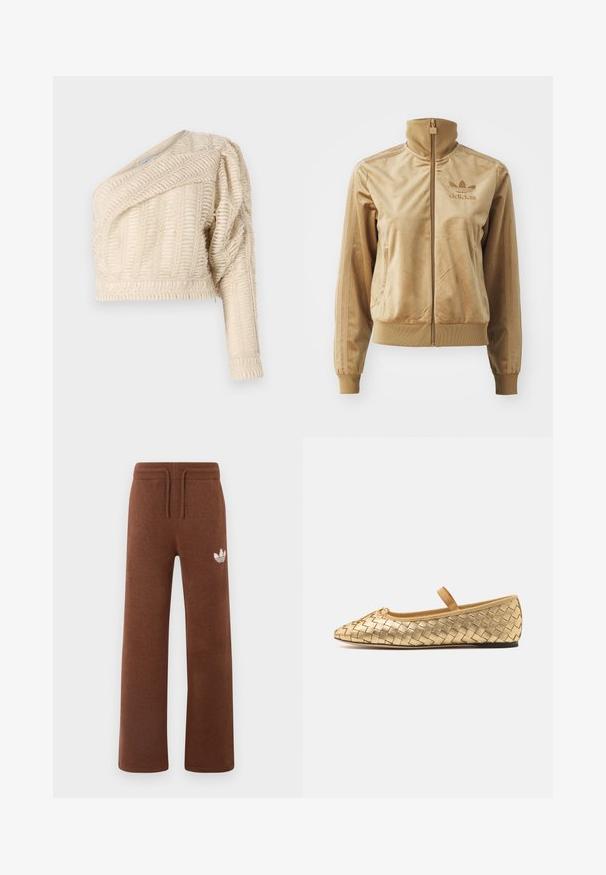 Tan velour zip-up jakke med høj krave. Har ribbede manchetter og kant, sidelommer og broderet logo på brystet.; Cremefarvet cropped jakke med skrå halsudskæring, pufærmer og vævet bladmønster, der har en ribbet kant.; Brune sweatpants i blødt stof med en afslappet pasform, der har en elastisk talje, snørre og et hvidt logo på venstre lår.; Loeffler Randall LEONIE SOFT BALLET FLAT - Ballerinasko m/ rem - gold