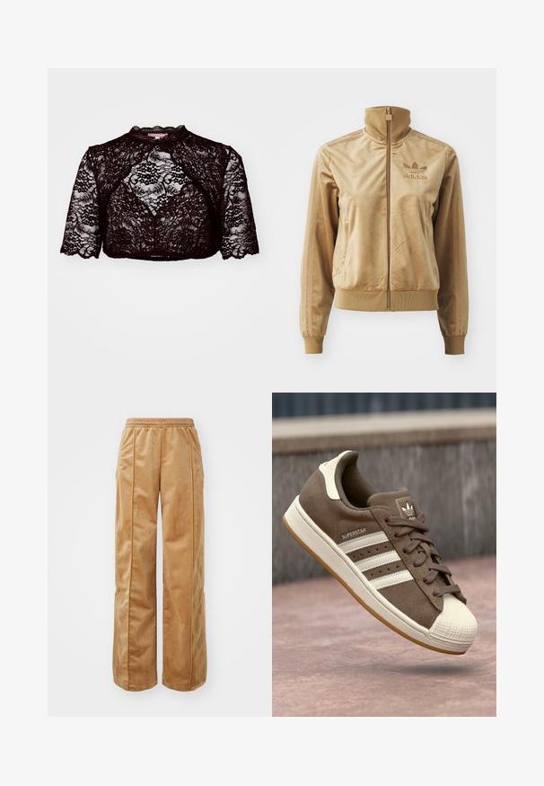 Tan velour zip-up jacket with a high collar. Features ribbed cuffs and hem, side pockets, and embroidered logo on the chest.; Krüger Dirndl SYDNEY - Blouse - schwarz; Tan wide-leg pants made of soft, velvety material. Features an elastic waistband and vertical seams along the front for added detail.; Brown suede sneaker with white stripes, cream accents, and a rubber shell toe. Features lace-up design and textured gum sole.