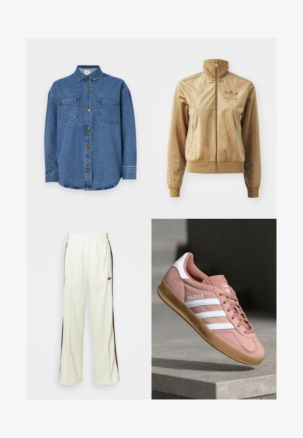 Veltīgs bēšs ar zips aizdara žakets ar augstu apkakli. Satur ribotās aproces un apakšmala, sānu kabatas un izšuvumu uz krūts.; Vidēji zilā džinsu krekls ar pogu aizdari, divām krūšu kabatām un apkakles kakla izgriezumu. Garas piedurknes ar pogājamām aprocēm.; Krēma krāsas sporta bikses ar brīvu piegriezumu, ar tumši brūnām sānu svītrām un izšūtu logotipu kreisajā augšstilbā.; Rozā zamša sporta apavi ar baltām svītrām, gumijas zole, teksturēts augšdaļas materiāls un logo uz mēles. Klasisks zema profila dizains.