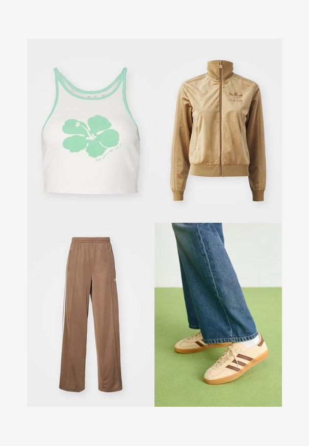Veste zippée en velours beige avec un col haut. Comprend des poignets et un ourlet côtelés, des poches latérales et un logo brodé sur la poitrine.; Top court blanc avec des bordures vert menthe et un grand graphique d'une fleur d'hibiscus vert menthe à l'avant, avec un détail de texte manuscrit en dessous.; Pantalons de sport marron en tissu doux, dotés d'une taille élastique, de poches latérales et d'accents de logo blancs sur la hanche gauche.; Baskets beiges avec des panneaux crémeux texturés et des rayures brunes, accompagnées d'un jean en denim bleu. Le jean a une coupe large et un ourlet effiloché.