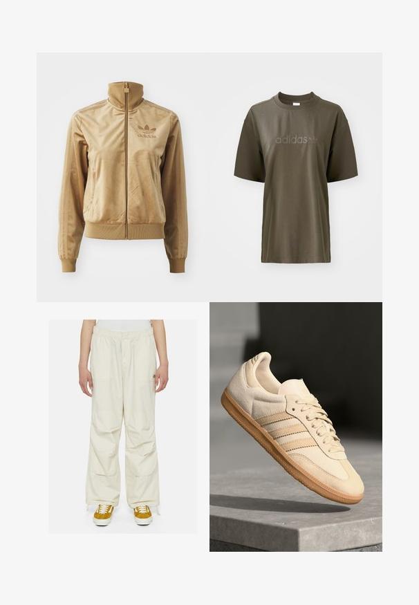 Tan velour zip-up jacket with a high collar. Features ribbed cuffs and hem, side pockets, and embroidered logo on the chest.; Olive green cotton t-shirt with a crew neckline, short sleeves, and tonal "adidas" logo across the chest. Minimalist design and smooth texture.; Cream-colored cargo pants with a loose fit, elastic waist, and multiple pockets. Worn with brown and white sneakers on a white background.; Light beige suede sneaker with gum outsole, three diagonal stripes, and a textured toe cap. Features logo on the tongue and side.
