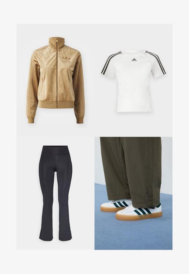 Giacca zip-up in velluto color sabbia con colletto alto. Presenta polsini e orlo a coste, tasche laterali e logo ricamato sul petto.; Maglietta atletica bianca a maniche corte con design a tre strisce nere sulle spalle, texture liscia e piccolo logo adidas nero sul petto.; Leggings nere a zampa d'elefante realizzate in tessuto elastico, con vita alta e una superficie liscia e opaca. Nessun motivo o dettaglio visibile.; Sneakers bianchi con strisce verdi, suole in gomma, abbinate a pantaloni verde oliva a gamba affusolata con toggle alla caviglia.
