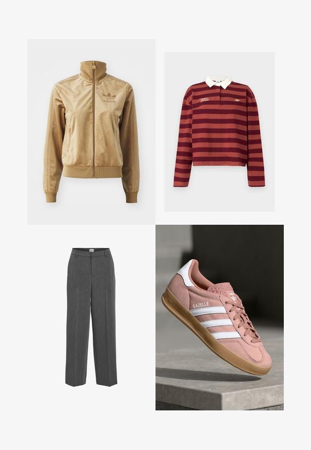 Veste zippée en velours beige avec un col haut. Comprend des poignets et un ourlet côtelés, des poches latérales et un logo brodé sur la poitrine.; Polo à manches longues rayé bordeaux et rouille avec un col blanc, comportant un logo brodé doré et un petit logo sur la poitrine.; Pantalons gris ajustés avec un design à jambes droites, devant plat et texture subtile. Comprend une taille avec passants de ceinture et sans poches visibles.; Baskets en suede rose avec des rayures blanches, semelle en caoutchouc, supérieur texturé et logo sur la languette. Design classique basse.