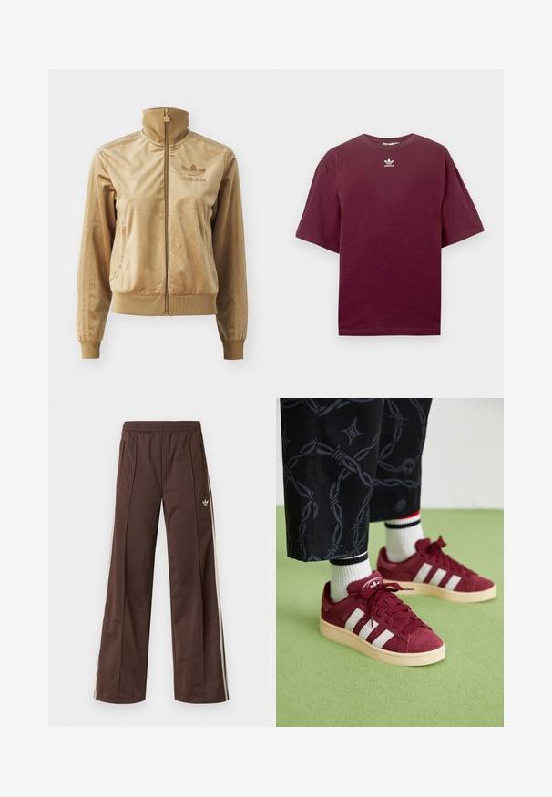 Kreemjas veluurist kapuutsiga jakki, mis sulgub tõmbel. Omab soonikkudega mansette ja allääri, küljetaskuid ning tikandiga logo rinnal.; Burgundia puuvillane T-särk ümmarguse kaelusega ja lühikeste varrukatega, millel on rinnal valge Adidas logo. Sile tekstuur.; Pruunid sportpüksid laiade säärtega, valgete küljeribadega, elastse vöökohaga ja kahe küljetaskuga. Jalal on väike logo.; adidas Originals CAMPUS 00S W - Tennised - shadow red/off white/preloved crimson