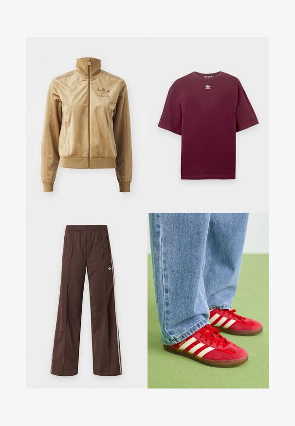 Šviesiai ruda velūrinė striukė su užtrauktuku ir aukštu apykakle. Savybės: pūstos rankovės ir apatinis kraštas, šoninės kišenės bei siuvinėtas logotipas ant krūtinės.; Vyno raudonio medvilninė marškinėliai su apvalia iškirpte ir trumpomis rankovėmis, ant krūtinės centre esantis baltas Adidas logotipas. Lygus tekstūra.; Rudos sportinės kelnės su plačiomis kojų dalimis, baltais šoninėmis juostelėmis, elastingu liemeniu ir dviem šoninėmis kišenėmis. Kojyje yra mažas logotipas.; Raudoni nubuko sportbačiai su trimis baltais dryžiais, apvaliu pirštu ir tekstūruotu padu, derinami su šviesiai mėlynomis džinsinėmis kelnėmis ant žalio fono.