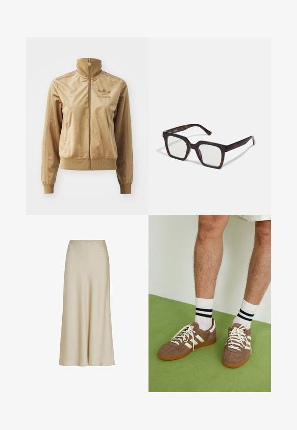 Vaaleanruskea velour-viitta, jossa on korkea kaulus. Ainoa ribbaus hihansuissa ja helmassa, sivutaskut sekä brodeerattu logo rinnassa.; Ruskea urheilupaita, jossa on vaaleansininen kaulus ja raidalliset yksityiskohdat. "Adidas"-logo näkyvästi rintakehässä.; Beige, satiini maxi-hame, jonka pinta on sileä, A-linjainen siluetti ja vyötärö, joka laskeutuu pehmeästi helmaan, luoden hienovaraista laskostusta.; Ruske nahkate sneakerit valkoisilla korostuksilla ja nauhoilla. Kumi-gumipohja. Yhdistetty valkoisiin sukkiin, joissa on mustia raitoja. Vihreä teksturoitu lattia.; Neliönmuotoiset aurinkolasit, joissa on kilpikonnakuosiset asetaattikehykset ja kirkkaat linssit. Varustettu leveillä temppeleillä ja mattapinnalla, mikä parantaa kokonaiskestävyyttä.