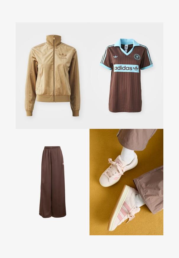 Beżowa, welurowa kurtka z zamkiem, z wysokim kołnierzem. Zawiera ściągacze przy mankietach i u dołu, kieszenie boczne oraz haftowane logo na piersi.; Brązowy trykot sportowy z jasnoniebieskim kołnierzykiem i paskami. Logo "Adidas" wyraźnie widoczne na piersi.; adidas Originals - Spodnie treningowe; Różowe zamszowe sneakersy z dopasowanymi paskami, białymi sznurówkami i kremową podeszwą. Połączone z białymi skarpetkami i luźnymi brązowymi spodniami na żółtym tle.