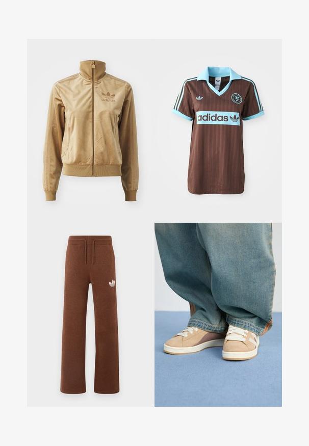 Vaaleanruskea velour-viitta, jossa on korkea kaulus. Ainoa ribbaus hihansuissa ja helmassa, sivutaskut sekä brodeerattu logo rinnassa.; Ruskea urheilupaita, jossa on vaaleansininen kaulus ja raidalliset yksityiskohdat. "Adidas"-logo näkyvästi rintakehässä.; Ruskeat collegehousut pehmeästä kankaasta rentoa istuvuutta varten, joissa on joustava vyötärö, nyörikiinnitys ja valkoinen logo vasemmassa reidessä.; Beige kengät mokasta ja kankasta, valkoisilla nauhoilla, vaaleanruskeilla yksityiskohdilla ja teksturoidulla pohjalla. Yhdistettyinä löysiin sinisiin farkkuihin.