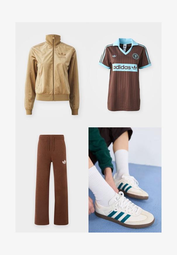 Barna velúr zipzáros dzseki magas gallérral. Bordás mandzsettákkal és aljjal, oldalsó zsebekkel, és hímzett logóval a mellen.; Barna sportmez világoskék gallérral és csíkos díszítésekkel. Az "Adidas" logo jól láthatóan a mellkason.; Barna pamut joggingnadrág, laza szabással, rugalmas derékrésszel, húzózsinórral, és fehér logóval a bal combon.; Fehér sportcipők türkiz csíkokkal, texturált felsőrésszel és barna gumitalppal. Fehér bordázott zoknival párosítva.