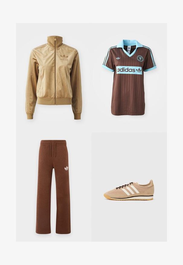Bež velur jakna na zip z visokim ovratnikom. Ima rebraste manšete in rob, stranske žepe ter izvezeno logo na prsih.; Rjav atletski dres z lahnim modrim ovratnikom in črtastimi poudarki. Logotip "Adidas" je izstopajoče prikazan na prsih.; Rjave trenirke iz mehkega materiala s sproščenim krojem, ki imajo elastičen pas, vrvico in bel logotip na levem stegnu.; Svetlo rjavi semiš in mrežasti športni copati z rjavimi vezalkami in tremi belimi črtami. V kombinaciji z zeleno-belimi prugastimi hlačami, počivajo na modri površini.