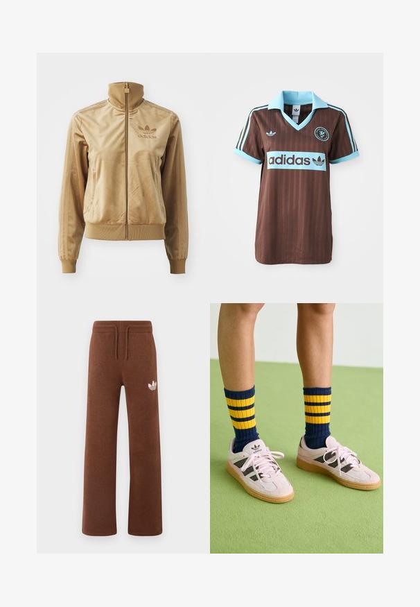 Tan velour zip-up jakke med høy krage. Den har ribbestrikkede mansjetter og kant, sidelommer og brodert logo på brystet.; Brun atletisk drakt med lys blå krage og stripete detaljer. "Adidas"-logoen er tydelig plassert over brystet.; Brune joggebukser i mykt stoff med avslappet passform, med elastisk liv og snøring, samt en hvit logo på venstre lår.; Lyserøde semskede sneakers med sorte striber og gummisåler, parret med navy- og gule stribede ribbede sokker. Grøn struktureret gulv.