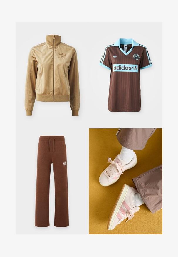Tan velour zip-up jacka med hög krage. Har ribbade ärmslut och nederkant, sidofickor och broderad logga på bröstet.; Brun atlettröja med en ljusblå krage och randiga detaljer. "Adidas"-logotypen är tydligt synlig över bröstet.; Bruna sweatpants i mjukt tyg med avslappnad passform, med resårmidja, dragsko och en vit logotyp på vänster lår.; Rosa mockasnicks med matchande ränder, vita snörningar och en creamfärgad sula. I kombination med vita strumpor och lösa bruna byxor på en gul bakgrund.