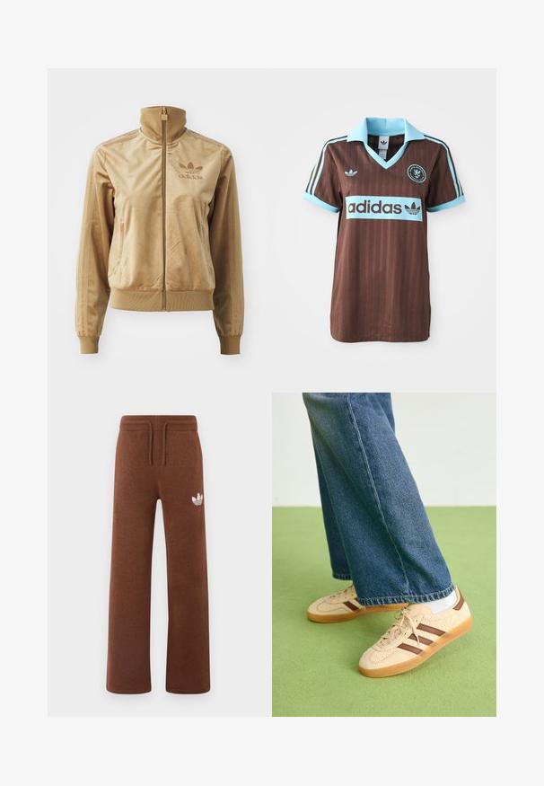 Bež velur jakna na zip z visokim ovratnikom. Ima rebraste manšete in rob, stranske žepe ter izvezeno logo na prsih.; Rjav atletski dres z lahnim modrim ovratnikom in črtastimi poudarki. Logotip "Adidas" je izstopajoče prikazan na prsih.; Rjave trenirke iz mehkega materiala s sproščenim krojem, ki imajo elastičen pas, vrvico in bel logotip na levem stegnu.; Bež teniske z teksturiranimi kremnimi paneli in rjavimi črtami, v kombinaciji z modrimi kavbojkami. Kavbojke imajo široke hlačnice in raztrgan rob.