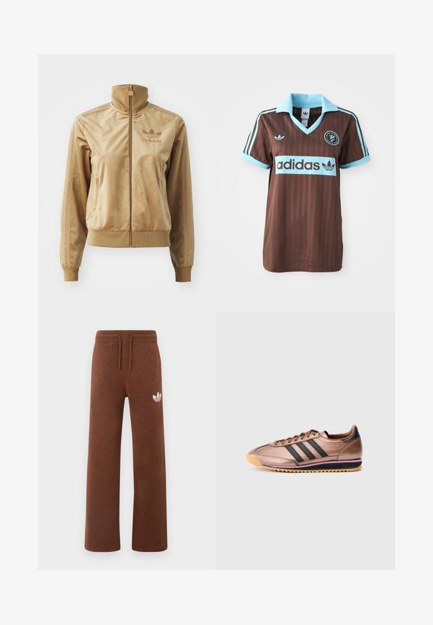 Jaqueta de veludo bege com fecho éclair e gola alta. Apresenta punhos e bainha canelados, bolsos laterais e logótipo bordado no peito.; Camisa de desporto castanha com colarinho azul-claro e detalhes em riscas. Logótipo "Adidas" bem visível no peito.; Calças de moletão castanhas em tecido suave com um corte descontraído, apresentando um cós elástico, cordão ajustável e um logótipo branco na coxa esquerda.; Sapatilha atlética em bronze com três riscas pretas, textura lisa, design de atacadores, sola contrastante castanha clara com detalhe roxo, estilo retro.